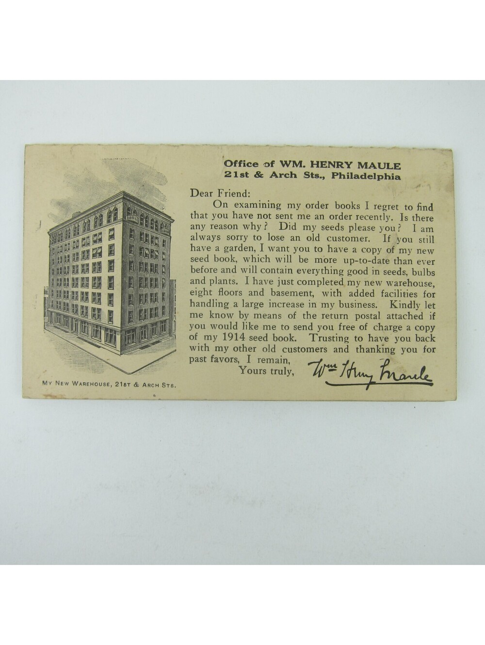 Postcard William Henry Maule Seed Catalog Philadelphia Pennsylvania Antique 1913